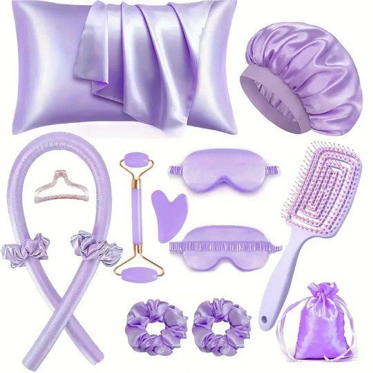 13-Piece Heatless Curls & Sleep Set – Curling Rod, Pillowcase, Eye Mask & Cap
