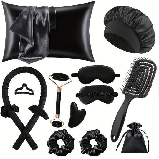13-Piece Heatless Curls & Sleep Set – Curling Rod, Pillowcase, Eye Mask & Cap