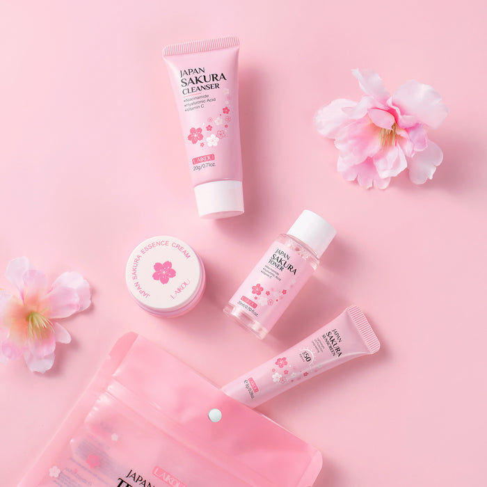 Sakura Glow Skincare Travel Kit – 4-Piece Cleanser, Toner, Serum & Cream