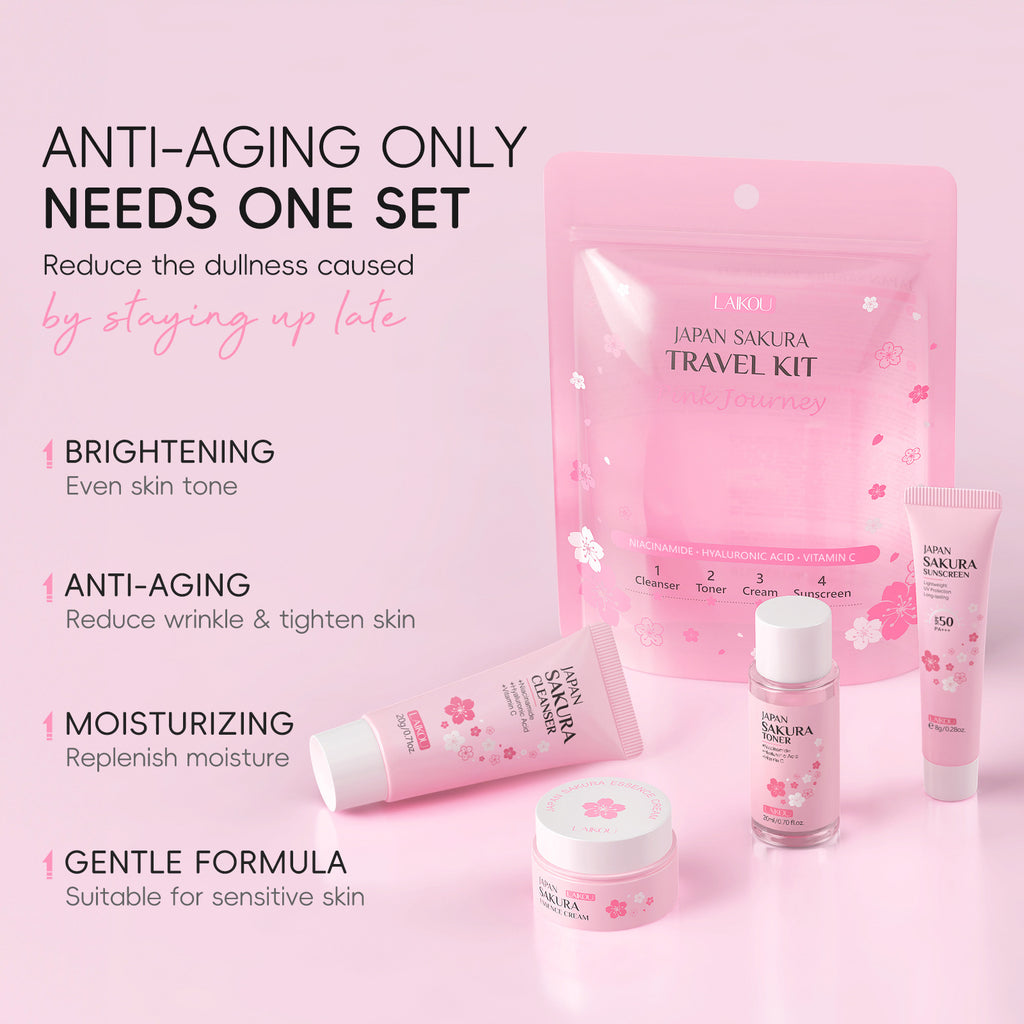 Sakura Glow Skincare Travel Kit – 4-Piece Cleanser, Toner, Serum & Cream