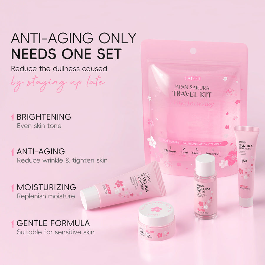 Sakura Glow Skincare Travel Kit – 4-Piece Cleanser, Toner, Serum & Cream