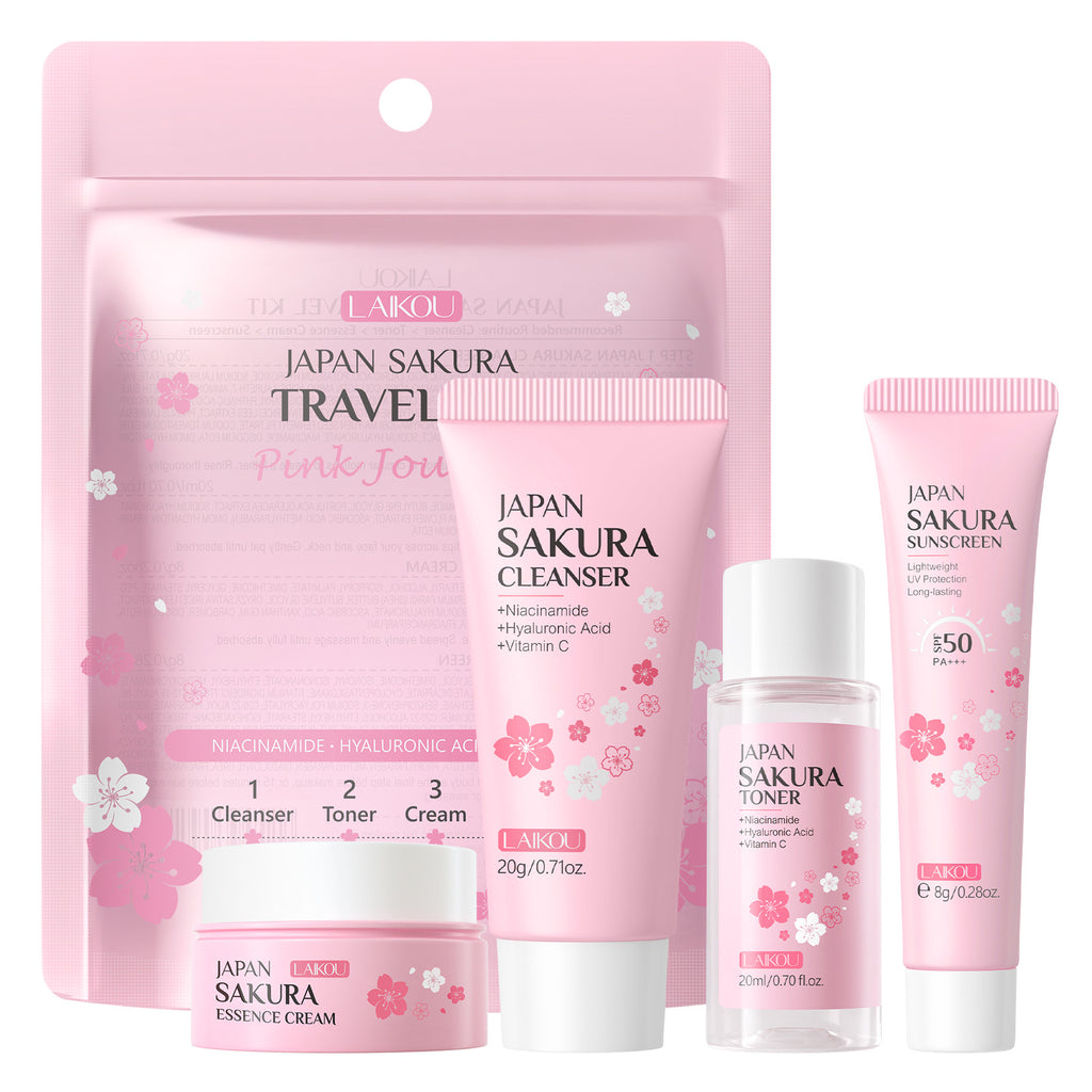 Sakura Glow Skincare Travel Kit – 4-Piece Cleanser, Toner, Serum & Cream