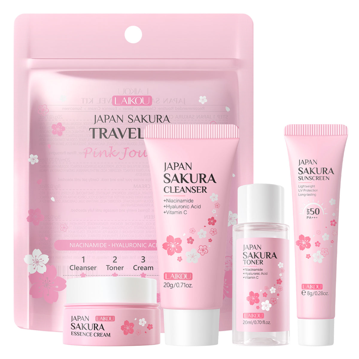Sakura Glow Skincare Travel Kit – 4-Piece Cleanser, Toner, Serum & Cream