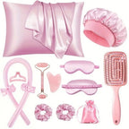 13-Piece Heatless Curls & Sleep Set – Curling Rod, Pillowcase, Eye Mask & Cap